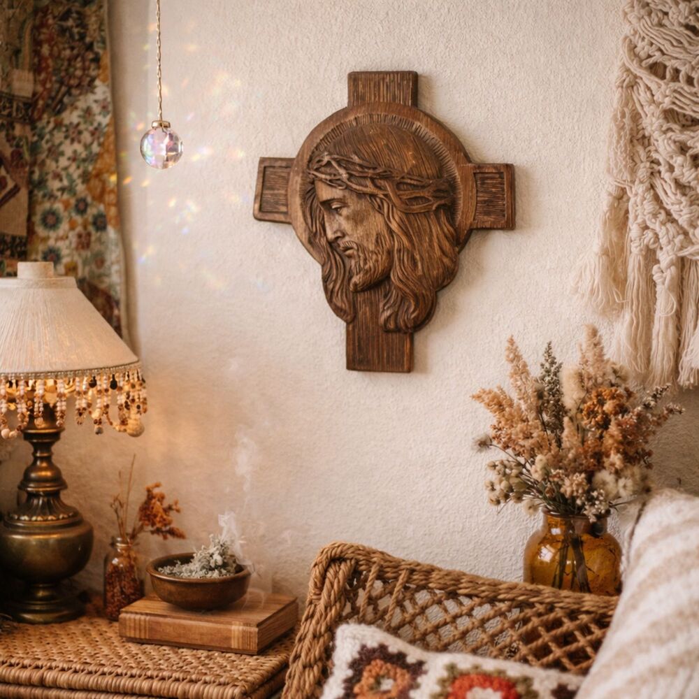 Wood Wall Cross Jesus Crown Thorns Carved Wood Religious Decor Vintage Art
